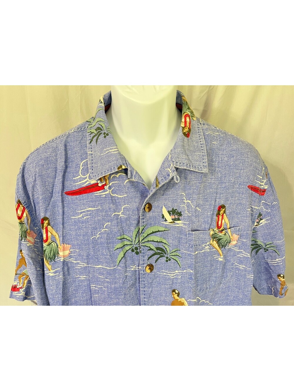 Tommy Bahama Men's Blue Hula Girls Silk Loop Collar Camp Hawaiian Shirt Large L